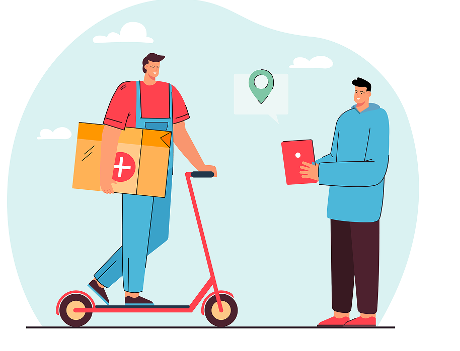Delivery person on a scooter handing a package to a customer